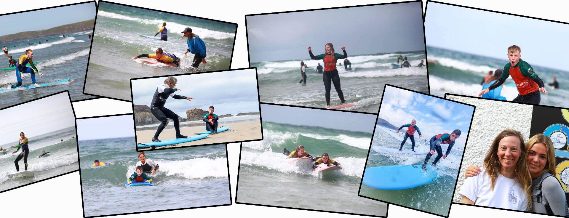 A collage of pictures showing good times at Stoked Surf School