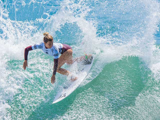 Female surfer Coco Ho during the US Open of Surfing, 2015, at Huntington Beach