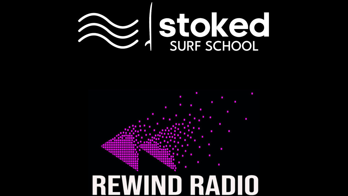 An image showing Stoked Surf School and Rewind Radio's logos