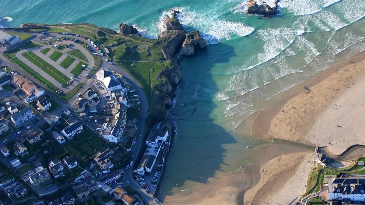 An aerial shot of Perranporth town and beach