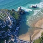 An aerial shot of Perranporth town and beach