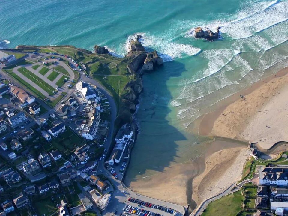 An aerial shot of Perranporth town and beach