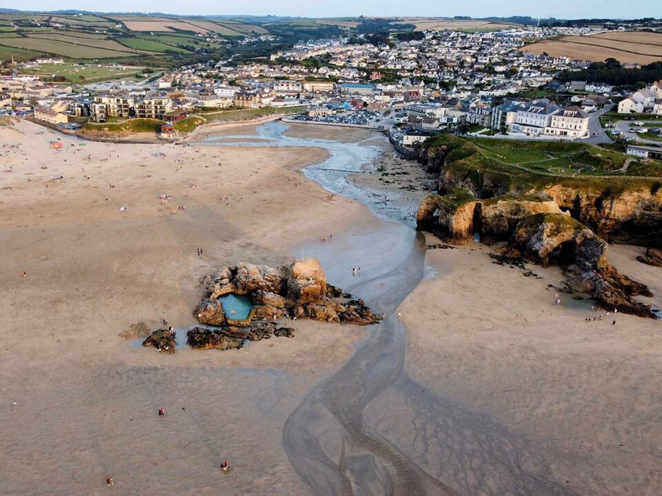 An aerial shot of Perranporth town and beach