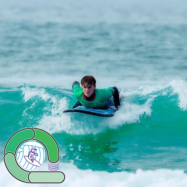 Someone taking a surf lesson demonstrating that they can catch unbroken green waves - The green loop in our surf ability measure