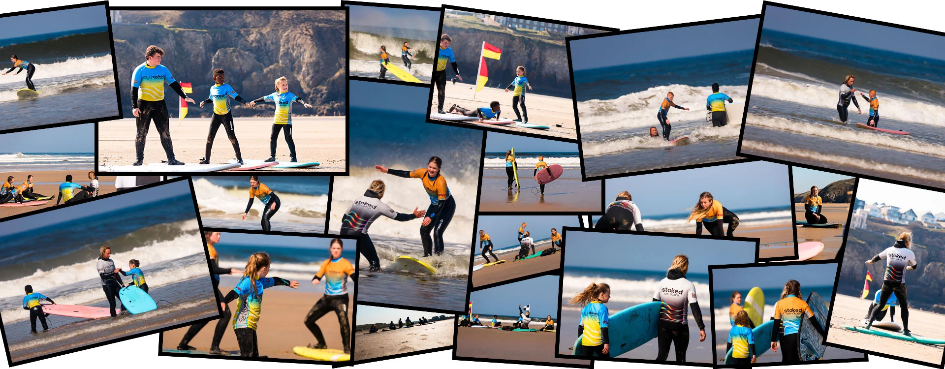 A collage of images showing surf lessons on Perranporth Beach by Stoked Surf School
