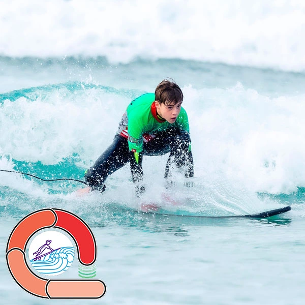 A Stoked Surf School student out back, past the broken waves - The red loop in our surf ability measure