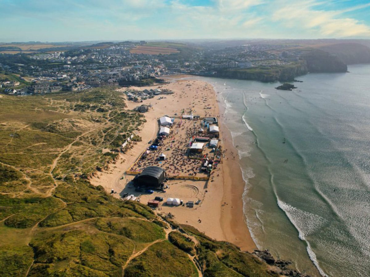 An aerial view of the Tunes in the Dunes festival in Perranporth